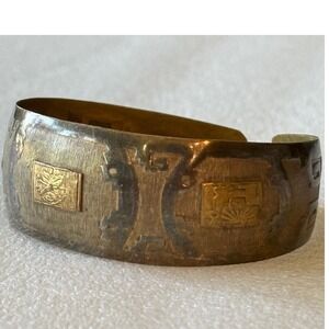 Vintage Peruvian 925 Sterling 18K Yellow GOLD Aztec Mayan CUFF BRACELET